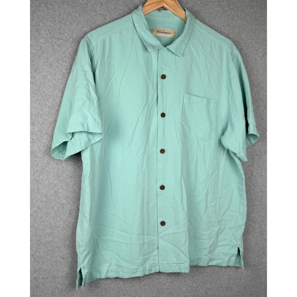 Tommy Bahama 100% Silk Camp Shirt Mens Large Sea Foam Green Short Sleeve